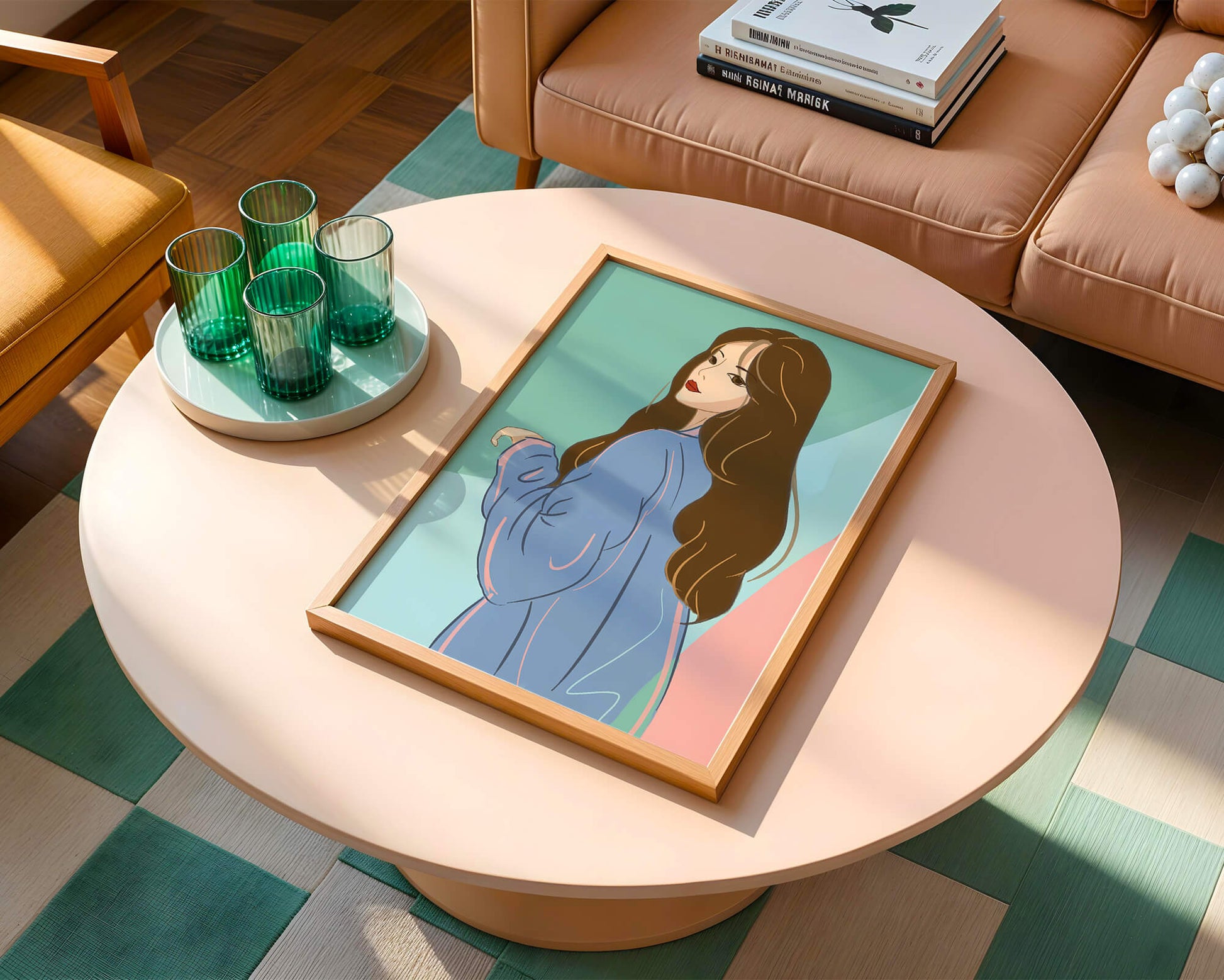 Illustration of woman with long hair and blue jacket