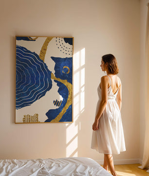 Abstract blue and gold textured artwork with wave patterns