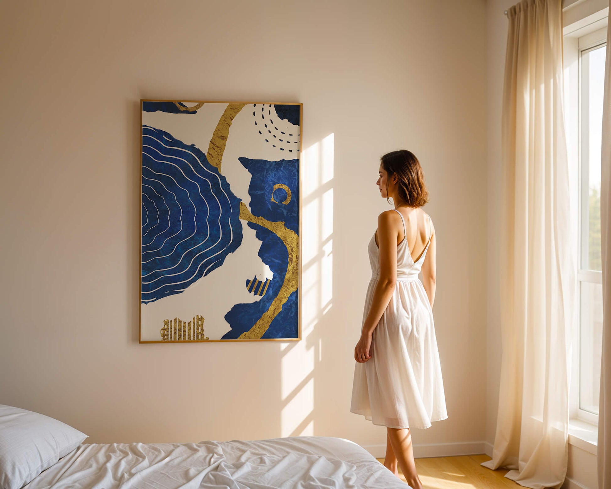 Abstract blue and gold textured artwork with wave patterns