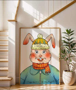 Charmantes Cartoon-Häschen mit Winteroutfit und verspieltem Ausdruck