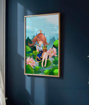 Chica de anime sentada en hojas de lirio con montañas al fondo