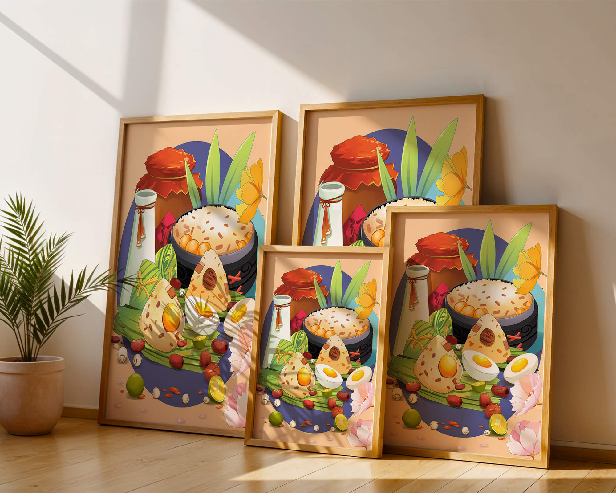 Traditional Asian culinary still life with rice and eggs