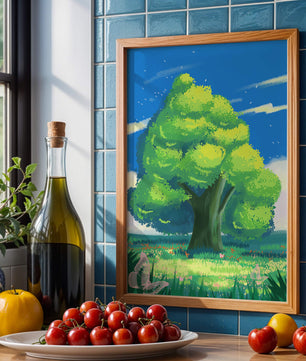  Friedlicher grüner Baum auf einer sonnigen Wiese mit Schmetterlingen