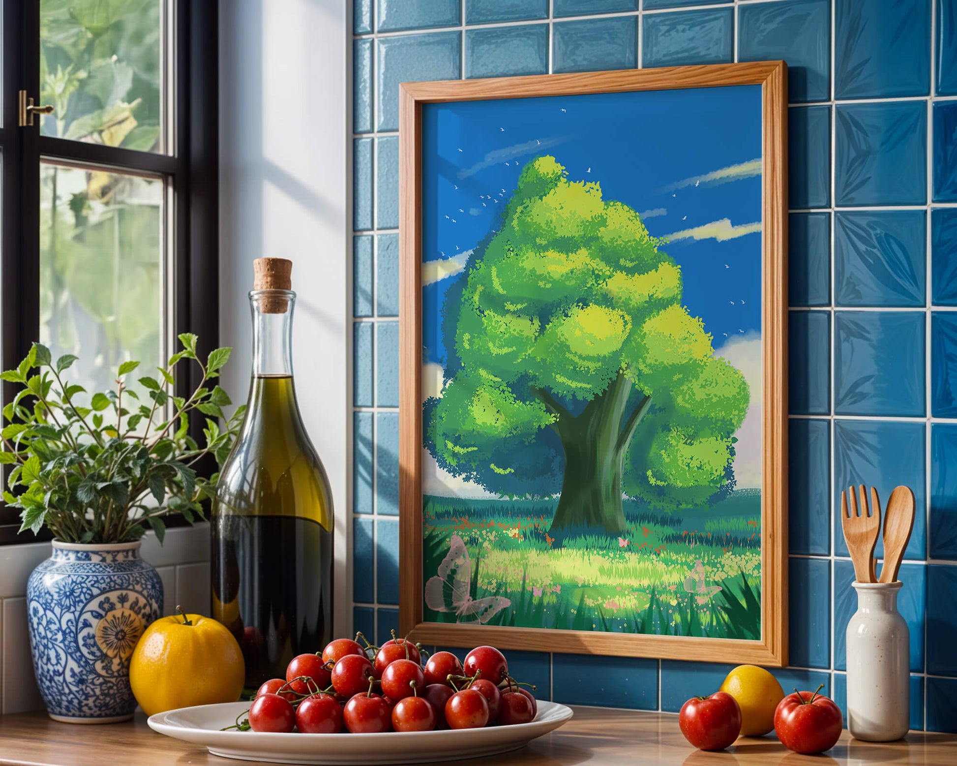 Friedlicher grüner Baum auf einer sonnigen Wiese mit Schmetterlingen