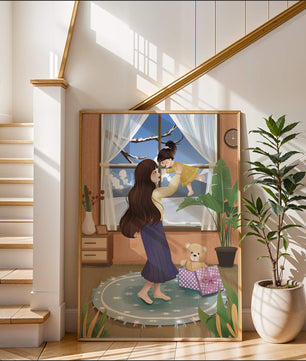 Mother and child bonding in a vibrant living room