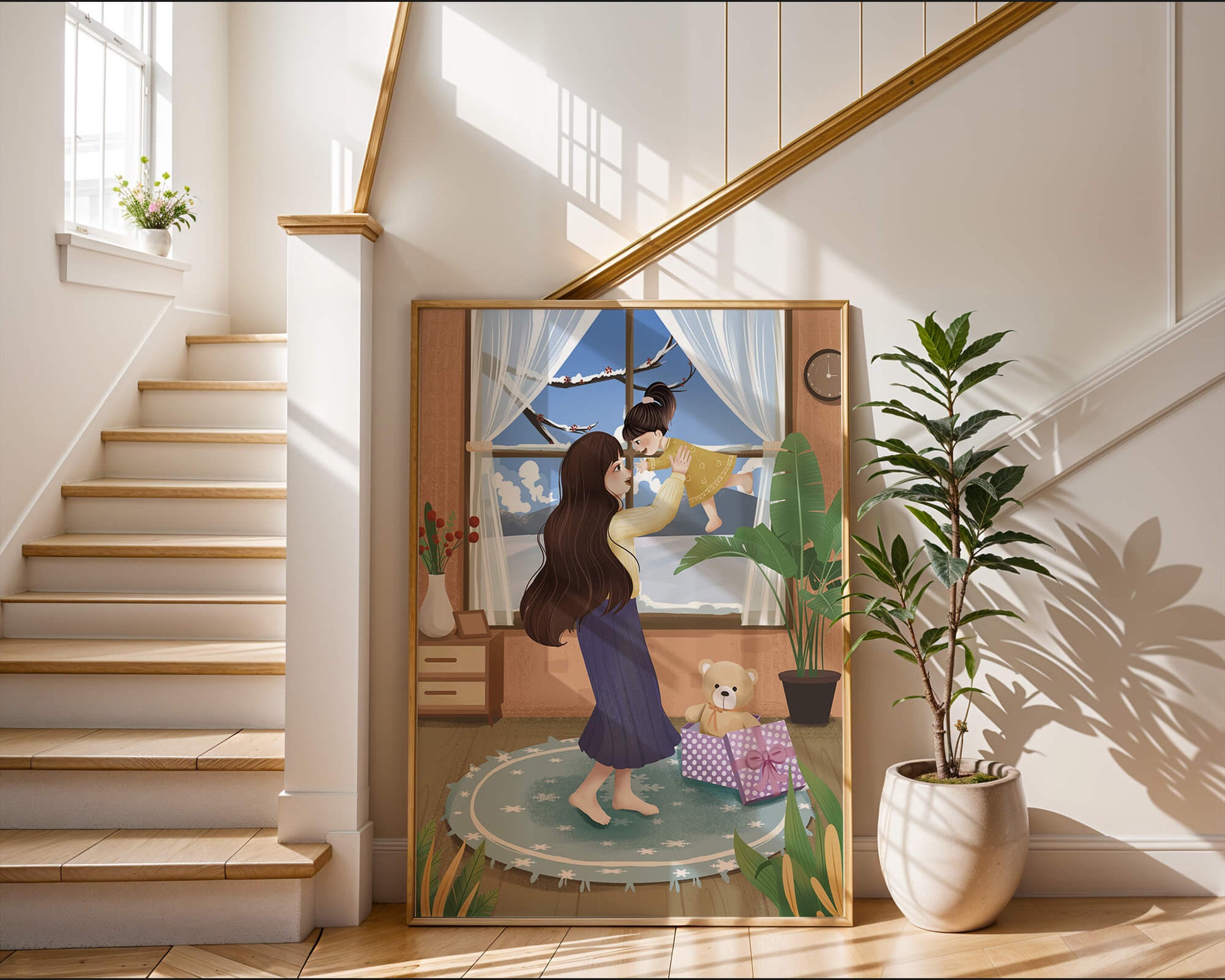 Mother and child bonding in a vibrant living room