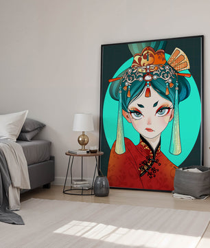 Elegant illustration of a woman in traditional attire with intricate headpiece
