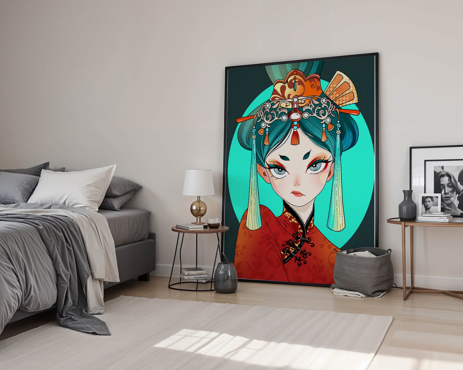 Elegant illustration of a woman in traditional attire with intricate headpiece