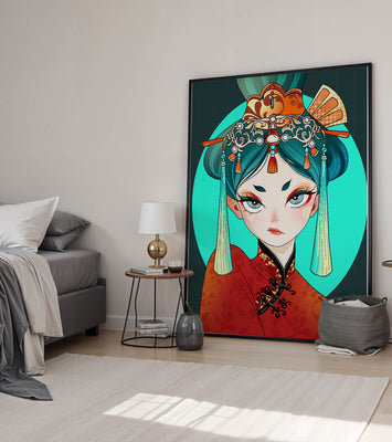 Elegant illustration of a woman in traditional attire with intricate headpiece