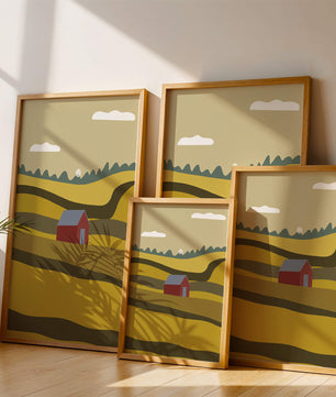 Landscape With Red Barn Amidst Rolling Hills Under Blue Sky