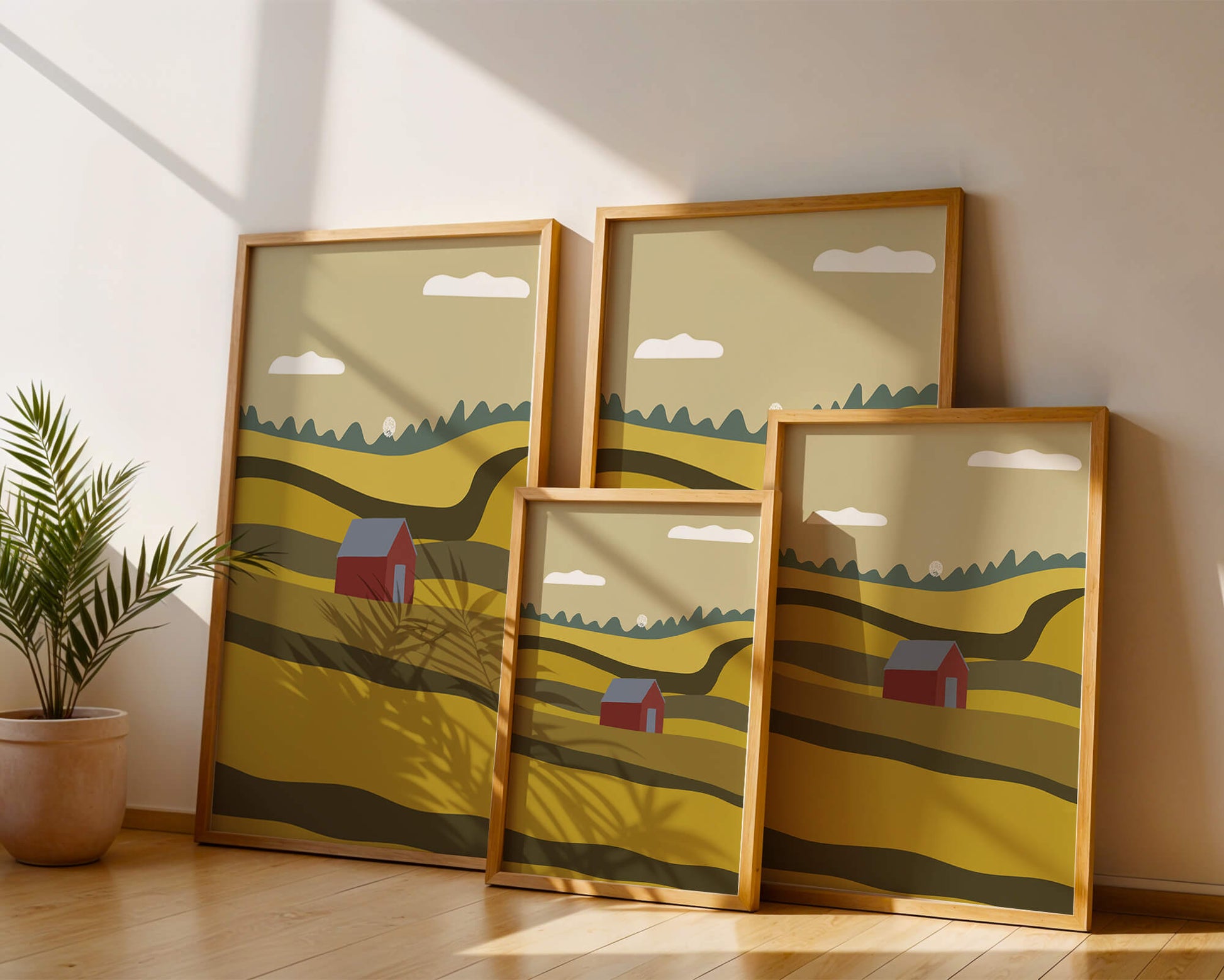 Paisaje con granero rojo entre colinas onduladas bajo un cielo azul