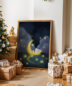 Whimsical night scene with child and cat on crescent moon