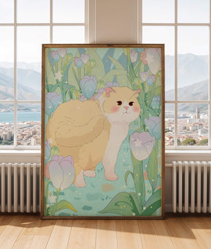 Charmante illustration d’un chat dans un jardin luxuriant de tulipes