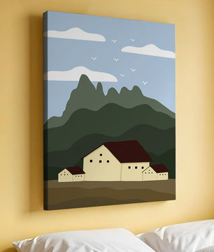 Paisaje minimalista de montaña con casas y pájaros en el cielo