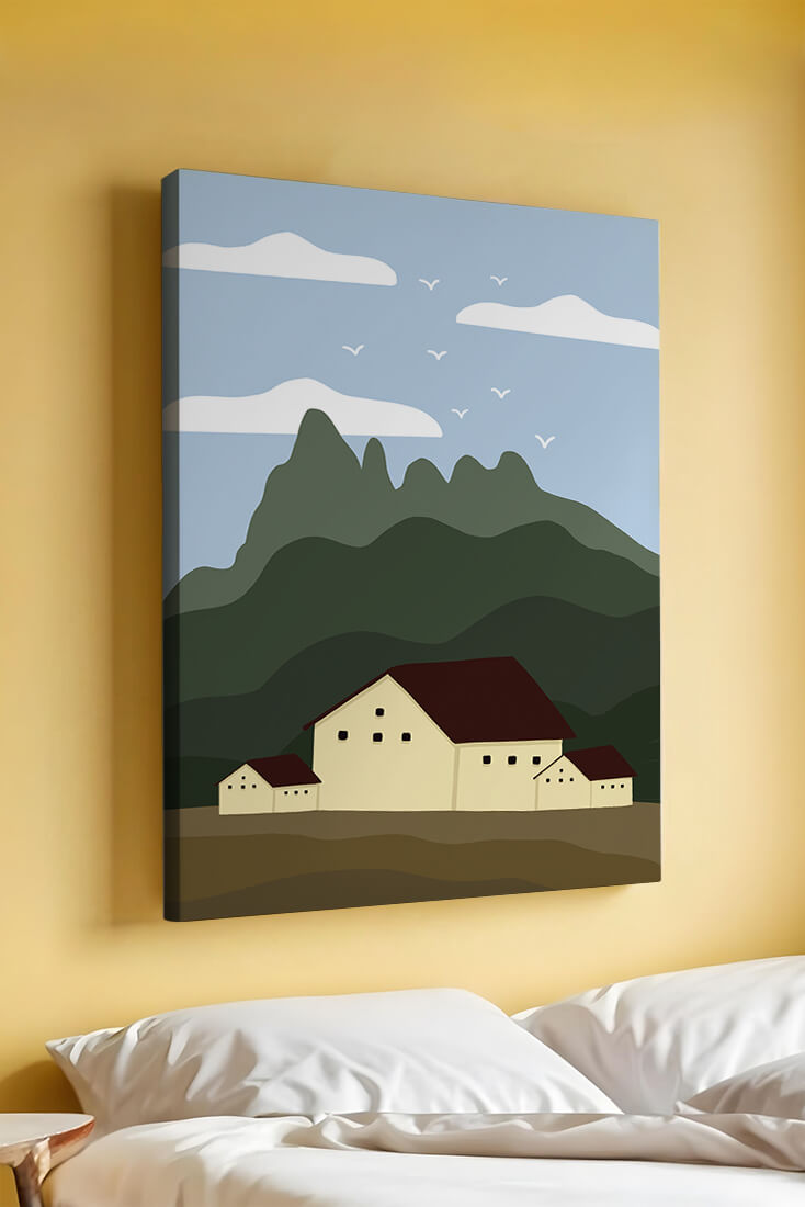 Paisaje minimalista de montaña con casas y pájaros en el cielo