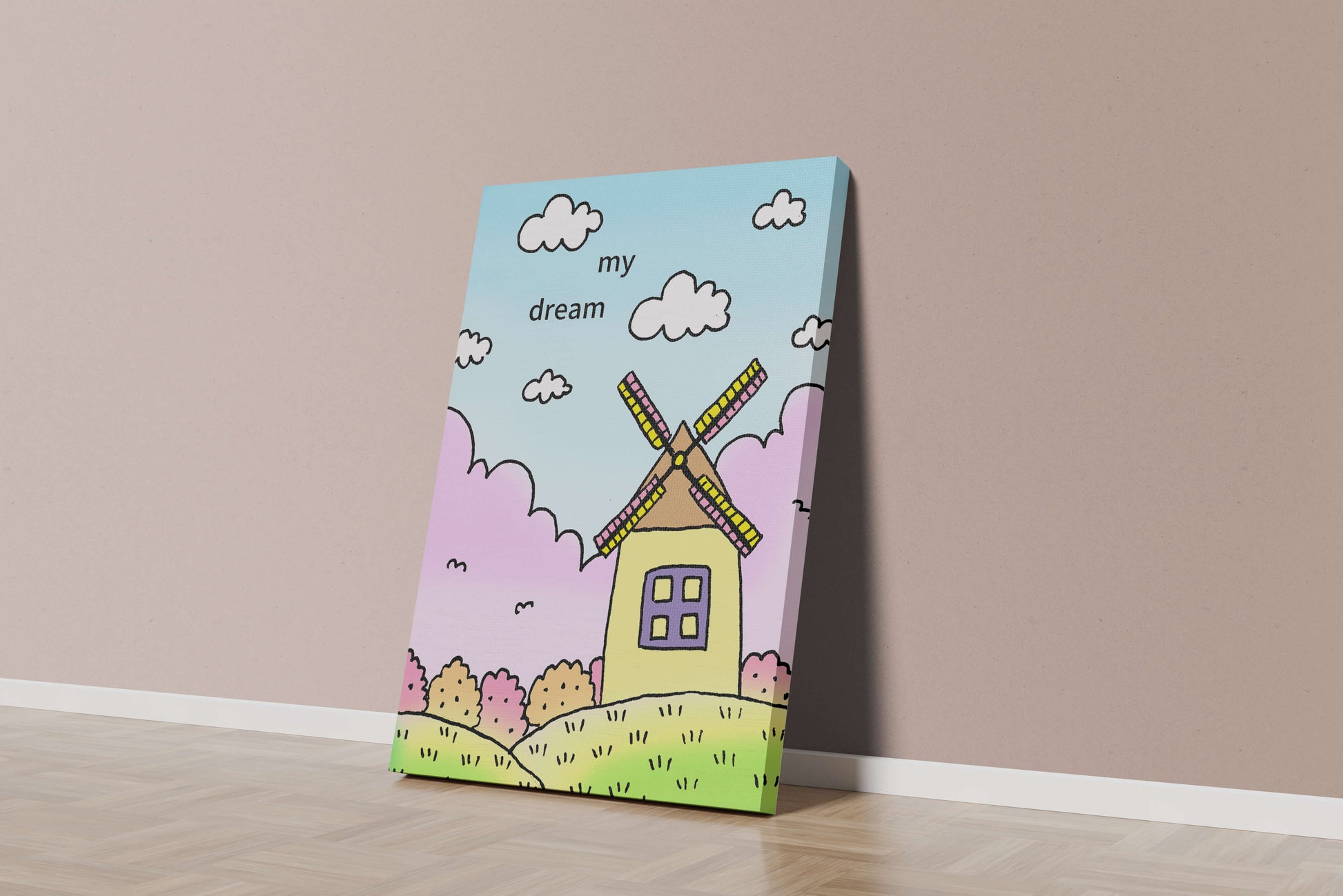 Windmill in a pastel landscape with fluffy clouds and bushes