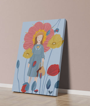 Fille dans un pays des merveilles fleuri avec des couleurs pastel et des fleurs vibrantes