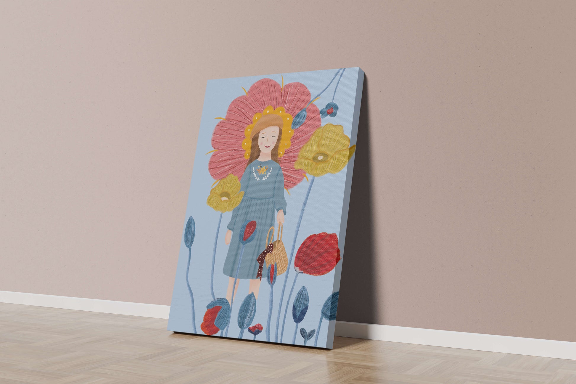 Fille dans un pays des merveilles fleuri avec des couleurs pastel et des fleurs vibrantes