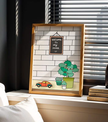 Chalkboard welcome sign with potted plants and a toy car