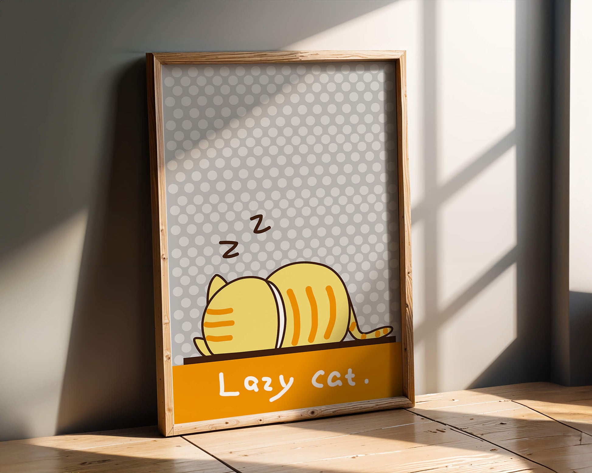Sleeping cartoon cat with polka dot background