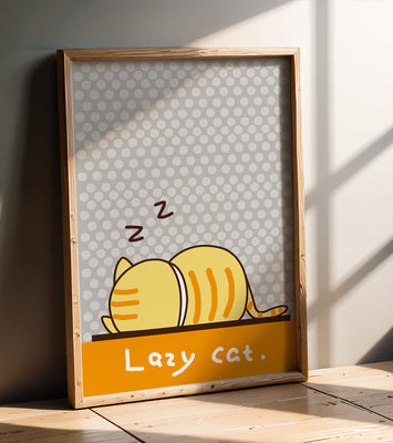 Sleeping cartoon cat with polka dot background