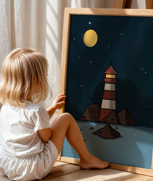 Escena nocturna tranquila con faro y estrellas que reflejan serenidad