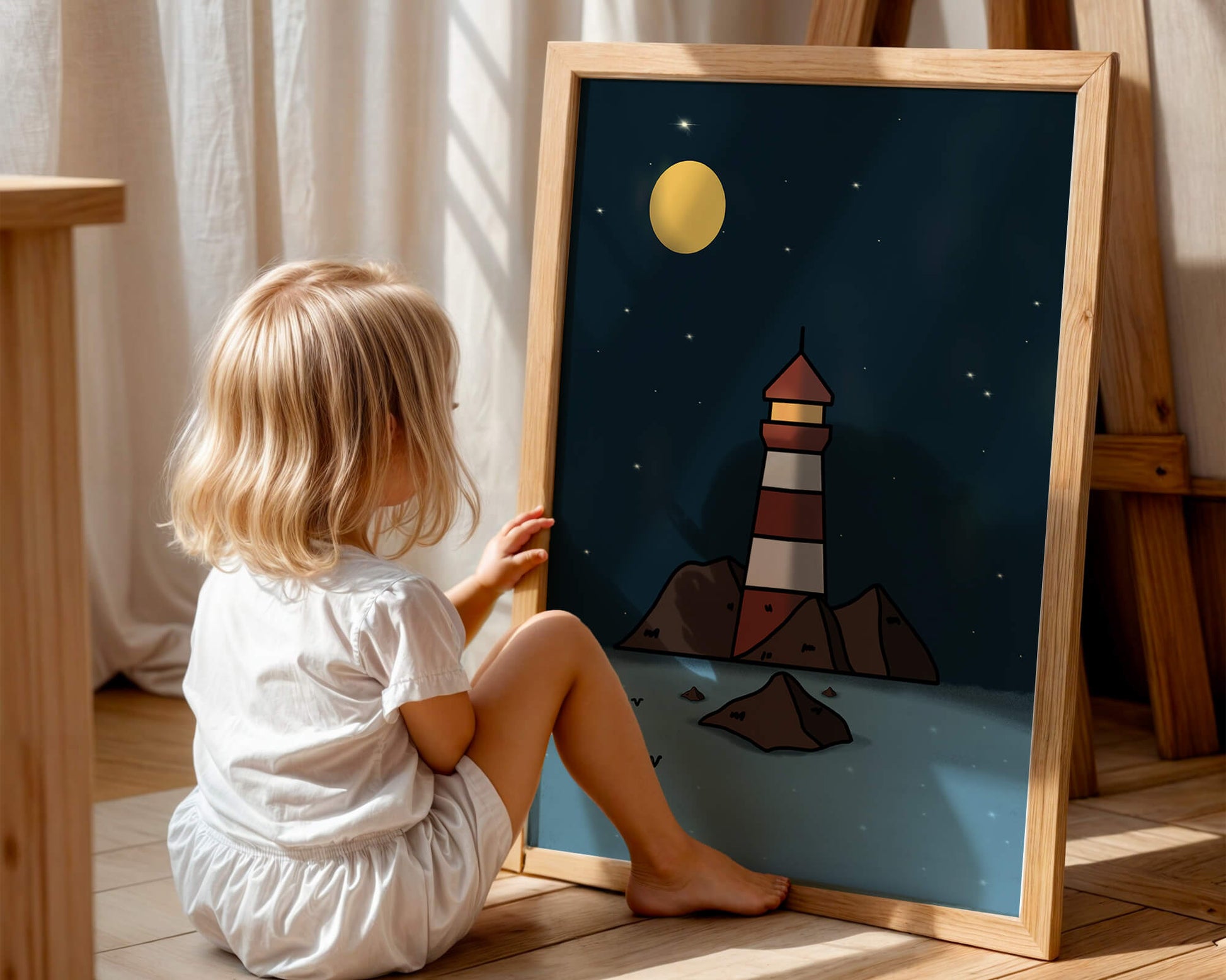 Escena nocturna tranquila con faro y estrellas que reflejan serenidad.