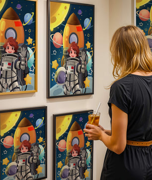 Young Astronaut with Rocket and Planets in Space Adventure