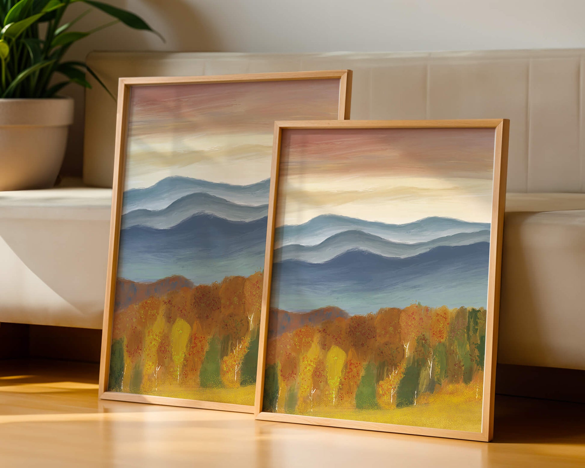 Autumn Mountain Landscape with Vibrant Trees and Colorful Sky
