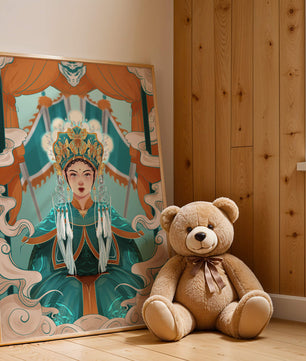 Illustration élégante d'une princesse orientale avec une tenue royale et des éléments mythiques
