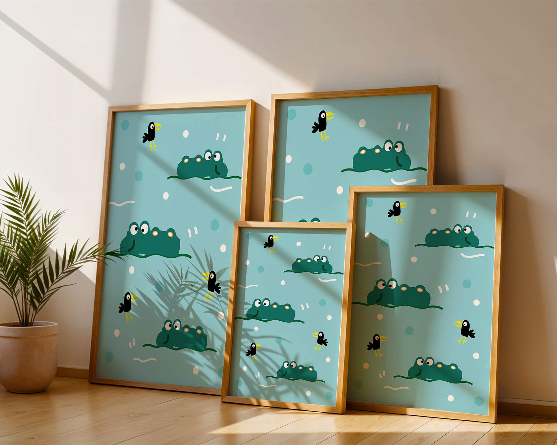 Playful cartoon crocodiles and birds on blue patterned background