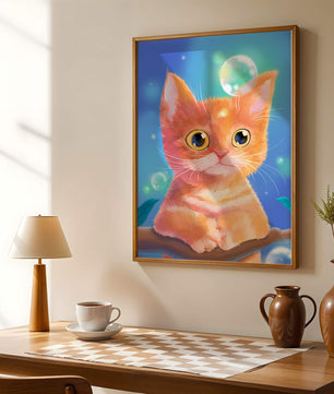 Adorable orange kitten illustration with bubbles and a colorful background