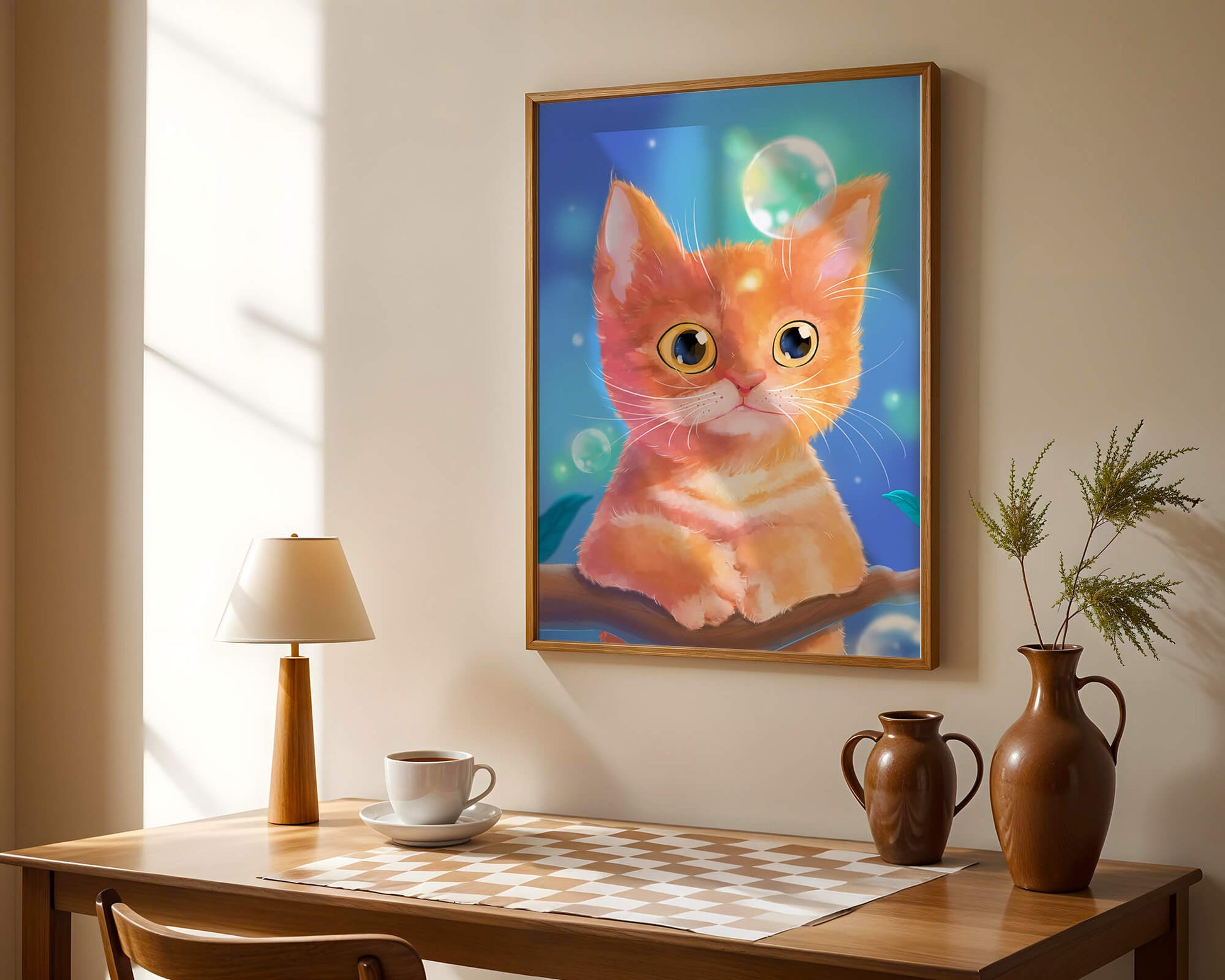 Adorable orange kitten illustration with bubbles and a colorful background