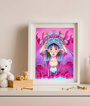 Ilustración colorida de una mujer con traje tradicional y tocado ornamental