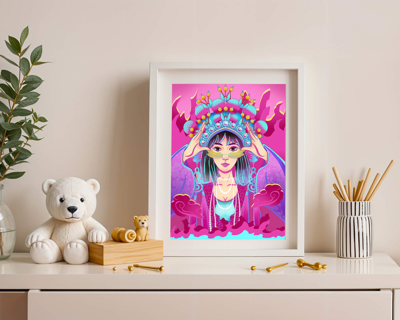 Colorful illustration of a woman in traditional costume with ornate headpiece