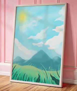 Sunny Day Overlooking a Mountain Landscape with Rolling Hills and Blue Sky