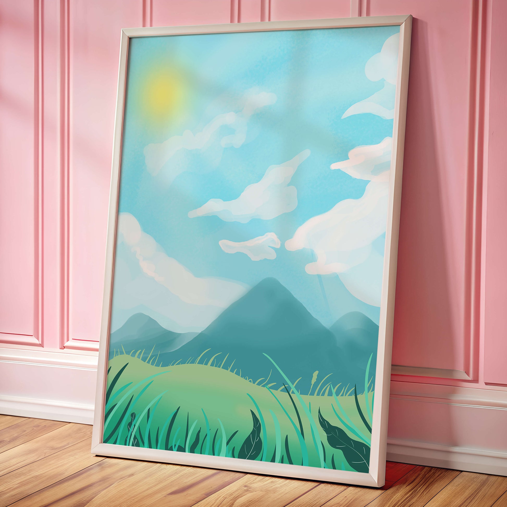 Sunny Day Overlooking a Mountain Landscape with Rolling Hills and Blue Sky