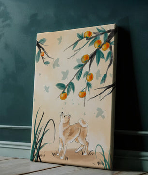 Illustration of a dog gazing at fruit-laden tree branches in nature