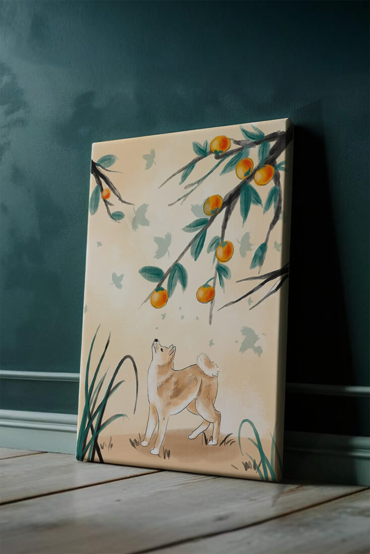 Illustration of a dog gazing at fruit-laden tree branches in nature
