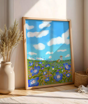 Mann und Hund auf einer leuchtenden Blumenwiese unter blauem Himmel