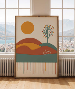 Abstract landscape with bicycle and tree in vibrant colors