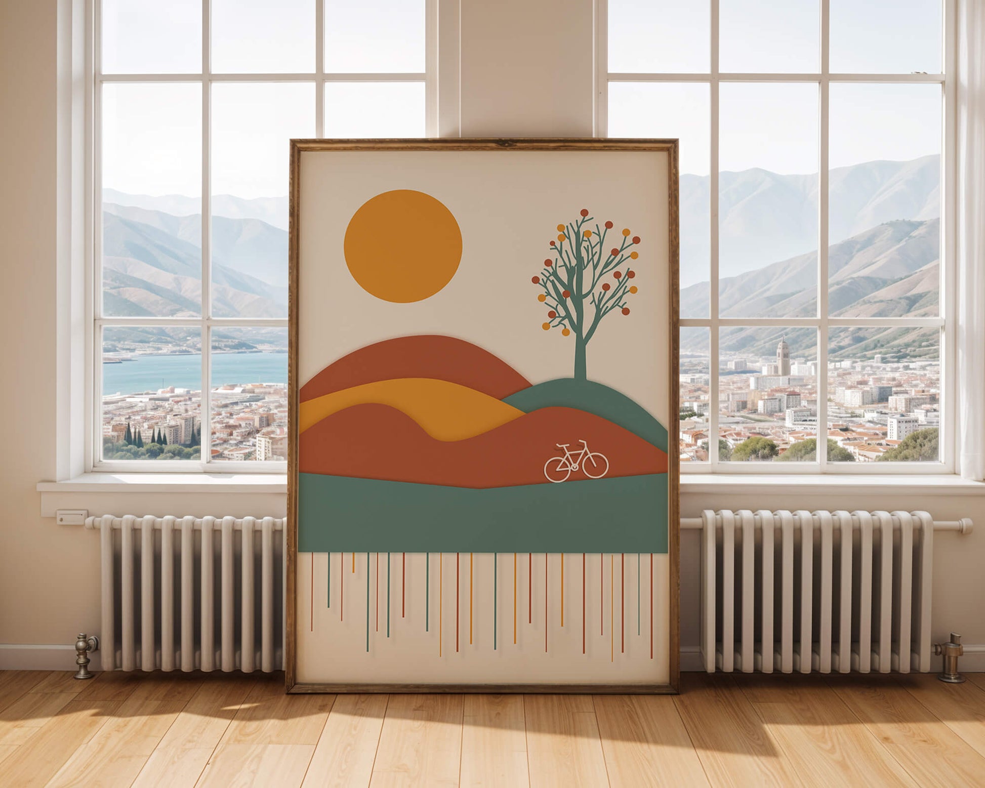 Abstract landscape with bicycle and tree in vibrant colors