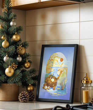 Serene landscape with a bird, fruit basket, and golden reeds under a bright sun