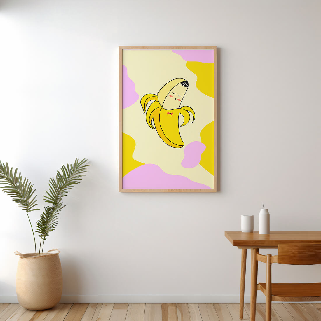 Quirky animated banana with bow tie on colorful abstract background