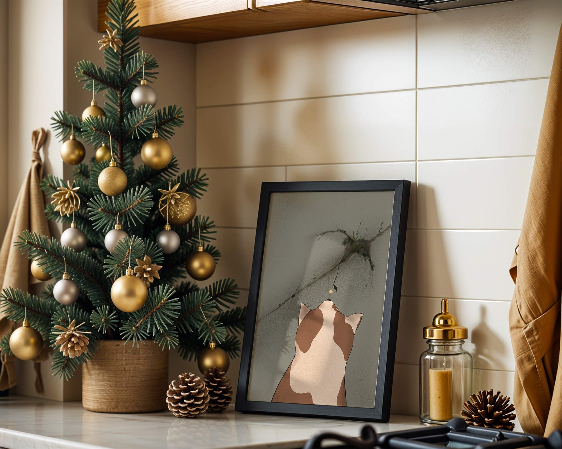 Chat observant une fleur poussant sur un mur fissuré