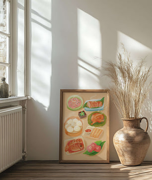 Colorful Representation of Asian Cuisine with Various Dishes