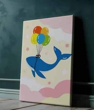 Skurriler Wal, der mit bunten Luftballons fliegt