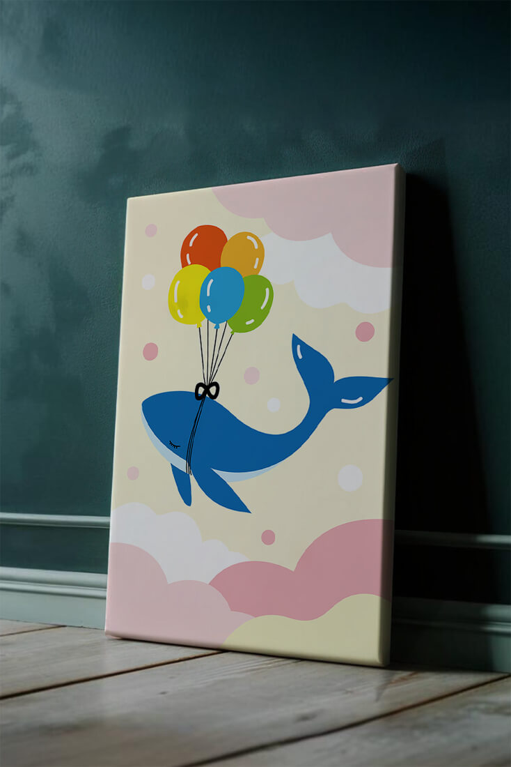 Skurriler Wal, der mit bunten Luftballons fliegt