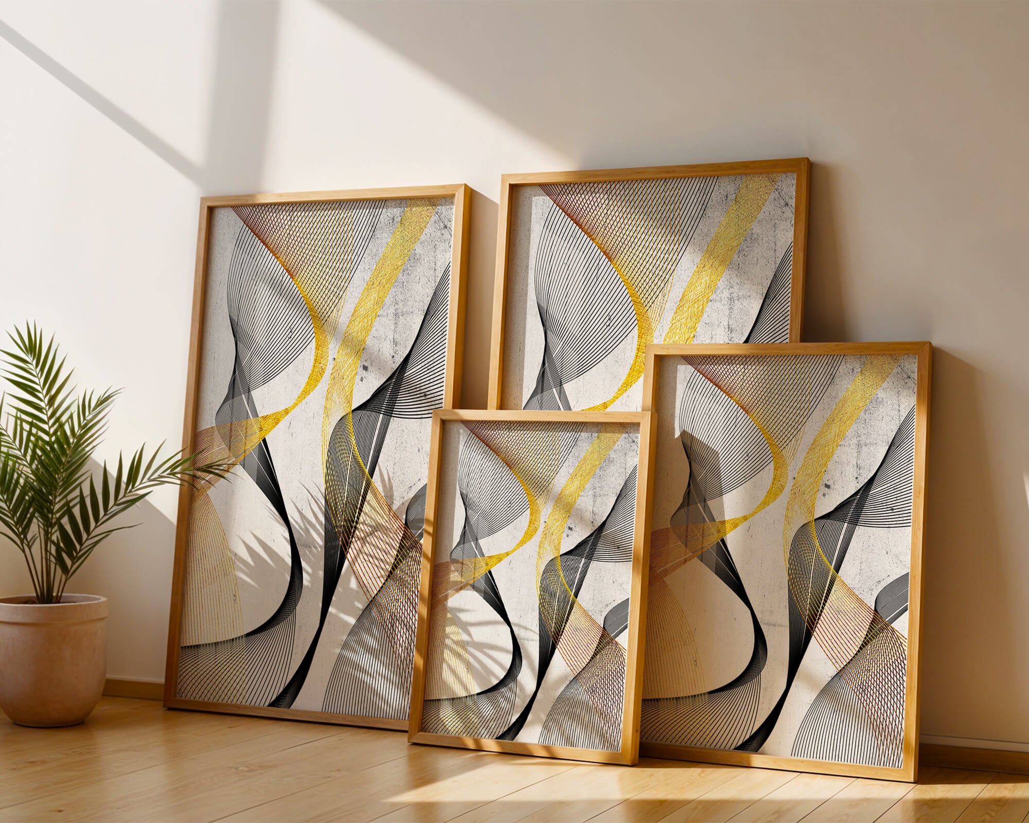 Abstract dynamic lines with golden and black swirls on textured background