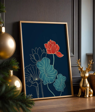 Elegant Floral Illustration with Vibrant Lotus and Gold Outlines on Dark Background